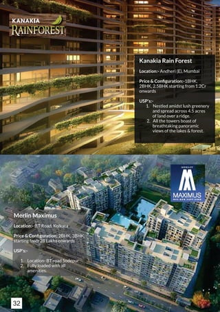 Merlin Maximus
Location:- B.T Road, Kolkata
Price & Conﬁguration: 2BHK, 3BHK,
starting from 28 Lakhs onwards
USP's:-
1. Location- BT road Sodepur
2. Fully loaded with all
amenities.
Kanakia Rain Forest
Location:- Andheri (E), Mumbai
Price & Conﬁguration:-1BHK,
2BHK, 2.5BHK starting from 1.2Cr
onwards
USP's:-
1. Nestled amidst lush greenery
and spread across 4.5 acres
of land over a ridge.
2. All the towers boast of
breathtaking panoramic
views of the lakes & forest.
32
 