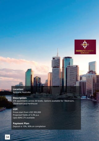 Location:
Brisbane, Australia
Description:
376 apartments across 30 levels. Options available for 1Bedroom,
2Bedroom and Penthouse
USP:
Prices start from USD 395,000
Projected Yields of 5.3% p.a.
Upto 80% LTV available
Payment Plan:
Deposit is 10%, 90% on completion
34
 