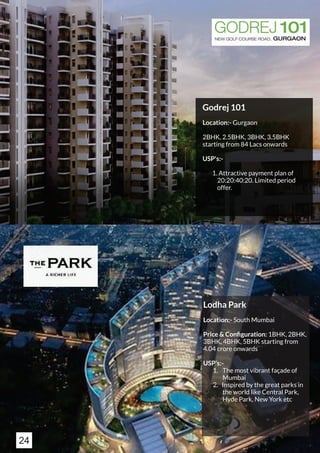 Lodha Park
Location:- South Mumbai
Price & Conﬁguration: 1BHK, 2BHK,
3BHK, 4BHK, 5BHK starting from
4.04 crore onwards
USP's:-
1. The most vibrant façade of
Mumbai
2. Inspired by the great parks in
the world like Central Park,
Hyde Park, New York etc
Godrej 101
Location:- Gurgaon
2BHK, 2.5BHK, 3BHK, 3.5BHK
starting from 84 Lacs onwards
USP's:-
1. Attractive payment plan of
20:20:40:20. Limited period
offer.
24
 