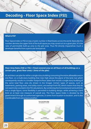 Floor Area Ratio (FAR or FSI) = (Total covered area on all ﬂoors of all buildings on a
certain plot, gross ﬂoor area) / (Area of the plot)
An architect can plan for either a single-story building consuming the entire allowable area in
one ﬂoor, or a multi-story building that rises high above the plane of the land, but which
consequently results in a smaller footprint/ﬂoor plate than would a single-story building of
the same total ﬂoor area (As shown in the Image). Certain types of spaces, such as
basements, parking areas, and utility rooms, are exempt from FSI, which means that they do
not need to be counted in the FSI calculations. By combining the horizontal and vertical limits
into a single ﬁgure, some ﬂexibility is permitted in building design, while achieving a hard
limit on at least one measure of overall size. The Floor Space Index is dictated by the
government through its authorized agencies. It varies from location to location, and is also
transferable from one area to another.
What is FSI?
Floor Space Index or FSI is truly a mystic number in Real Estate across the world. Basically this
number denotes the upper limit of the built space you may construct on a given plot. It is the
ratio of permissible built-up area to the plot area. Thus FSI directly impactshow much a
developer beneﬁts from a particular land parcel.
Decoding - Floor Space Index (FSI)
25
 