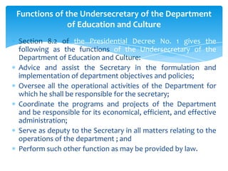 Functions of the Undersecretary of the Department
              of Education and Culture
Section 8.2 of the Presidential Decree No. 1 gives the
following as the functions of the Undersecretary of the
Department of Education and Culture:
Advice and assist the Secretary in the formulation and
implementation of department objectives and policies;
Oversee all the operational activities of the Department for
which he shall be responsible for the secretary;
Coordinate the programs and projects of the Department
and be responsible for its economical, efficient, and effective
administration;
Serve as deputy to the Secretary in all matters relating to the
operations of the department ; and
Perform such other function as may be provided by law.
 