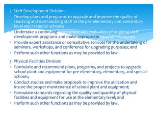 2. Staff Development Division:
   Develop plans and programs to upgrade and improve the quality of
   teaching and non-teaching staff at the pre-elementary and elementary
   level and in special schools;
   Undertake a continuing assessment and evaluation of ongoing staff
   development programs and make appropriate recommendations;
   Provide expert assistance or consultative services for the undertaking of
   seminars, workshops, and conference for upgrading purposes; and
   Perform such other functions as may be provided by law.
3. Physical Facilities Division:
   Formulate and recommend plans, programs, and projects to upgrade
   school plant and equipment for pre-elementary, elementary, and special
   schools;
   Conduct studies and make proposals to improve the utilization and
   insure the proper maintenance of school plant and equipment;
   Formulate standards regarding the quality and quantity of physical
   facilities and equipment for use at the elementary level; and
   Perform such other functions as may be provided by law.
 