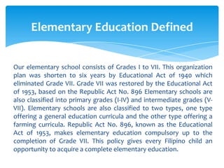 Elementary Education Defined


Our elementary school consists of Grades I to VII. This organization
plan was shorten to six years by Educational Act of 1940 which
eliminated Grade VII. Grade VII was restored by the Educational Act
of 1953, based on the Republic Act No. 896 Elementary schools are
also classified into primary grades (I-IV) and intermediate grades (V-
VII). Elementary schools are also classified to two types, one type
offering a general education curricula and the other type offering a
farming curricula. Republic Act No. 896, known as the Educational
Act of 1953, makes elementary education compulsory up to the
completion of Grade VII. This policy gives every Filipino child an
opportunity to acquire a complete elementary education.
 