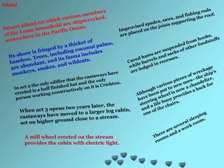 Island
A mill wheel erected on the stream
provides the cabin with electric light.
 