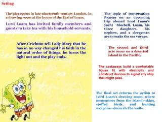 Setting
The play opens in late nineteenth-century London, in
a drawing room at the house of the Earl of Loam.
Lord Loam has invited family members and
guests to take tea with his household servants.
The topic of conversation
focuses on an upcoming
trip aboard Lord Loam's
yacht Bluebell. Loam, his
three daughters, his
nephew, and a clergyman
are to make the sea voyage.
The second and third
acts occur on a deserted
island in the Pacific.
The castaways build a comfortable
house lit with electricity and
construct devices to signal any ship
that might pass.
The final act returns the action to
Lord Loam's drawing room, where
mementoes from the island—skins,
stuffed birds, and hunting
weapons—decorate the walls.
After Crichton tell Lady Mary that he
has in no way changed his faith in the
natural order of things, he turns the
light out and the play ends.
 