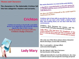 Themes and Characters
The characters in The Admirable Crichton fall
into two categories: masters and servants.
Crichton Crichton who is best able to provide for the group's
survival. He can start a fire, build a shelter, hunt,
fish, and cooking short, he can deal with this new
environment.
Crichton invented an electrically controlled
device to set signal fires all around the island,
signals the ship to their rescue.
To be an indoor servant at all is to
Crichton a badge of honour.
Lady Mary
The only one of the three sisters whose character
Barrie develops, is more like Crichton.
She is perceptive, strong-willed,
and somewhat haughty.
On the island, Lady Mary becomes
the best hunter of the group.
Although betrothed to Lord Brocklehurst, she wins
Crichton's heart and accepts his marriage proposal.
 