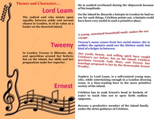 Lord Loam
Themes and Characters…
The radical earl who insists upon
equality between noble and servant
classes in London, is of no value as a
leader on the deserted island.
On the island he discards a hairpin in London he had no
use for such things. Crichton points out, a hairpin could
have been very useful in such a primitive place.
He is washed overboard during the shipwreck because
of his ineptitude.
Tweeny
Tweeny's name comes from her social status: she is
neither the upstairs maid nor the kitchen maid, but
kind of a helper in between.
In London Tweeny is illiterate, shy,
and speechless around her betters;
but on the island, her skills and her
pragmatism make her superior .
Ernest
Nephew to Lord Loam, is a self-centred young man,
who, while entertaining enough in a London drawing
room, is a time-wasting bore in the more primitive
society of the island.
Crichton has to soak Ernest's head in buckets of
water to teach him not to spew forth endless
epigrams.
Become a productive member of the island family
under the strict guidance of Crichton.
 