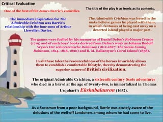 Critical Evaluation
One of the best of Sir James Barrie’s comedies
The Admirable Crichton was based in the
make believe games he played with them,
in which fantasies of being cast away on a
deserted island played a major part.
The immediate inspiration for The
Admirable Crichton was Barrie’s
relationship with the four sons of Arthur
Llewellyn Davies.
The games were fuelled by his memories of Daniel Defoe’s Robinson Crusoe
(1719) and of such boys’ books derived from Defoe’s work as Johann Rudolf
Wyss’s Der schweizerische Robinson (1812-1827; The Swiss Family
Robinson, 1814, 1818, 1820) and R. M. Ballantyne’s Coral Island (1858).
In all these tales the resourcefulness of the heroes invariably allows
them to establish a comfortable lifestyle, thereby demonstrating the
superior nature of British civilization.
The title of the play is as ironic as its contents.
The original Admirable Crichton, a sixteenth century Scots adventurer
who died in a brawl at the age of twenty-two, is immortalized in Thomas
Urquhart’s Ekskubalauron (1652).
As a Scotsman from a poor background, Barrie was acutely aware of the
delusions of the well-off Londoners among whom he had come to live.
 