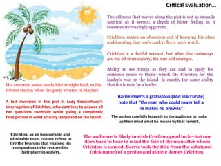 Critical Evaluation…
The silliness that moves along the plot is not as casually
satirical as it seems; a depth of bitter feeling in it
becomes increasingly apparent .
Crichton, makes an obsession out of knowing his place
and insisting that one’s rank reflects one’s worth.
Crichton is a dutiful servant, but when the castaways
are cut off from society, his true self emerges.
Ability to see things as they are and to apply his
common sense to them—which fits Crichton for the
leader’s role on the island—is exactly the same ability
that fits him to be a butler.His common sense sends him straight back to his
former station when the party returns to Mayfair.
A last inversion in the plot is Lady Brocklehurst’s
interrogation of Crichton, who contrives to answer all
her questions truthfully while giving a completely
false picture of what actually transpired on the island.
Barrie inserts a gratuitous (and inaccurate)
note that “the man who could never tell a
lie makes no answer.”
The author carefully leaves it to the audience to make
up their mind what he means by that remark.
Crichton, as an honourable and
admirable man, cannot refuse to
fire the beacons that enabled his
companions to be restored to
their place in society.
The audience is likely to wish Crichton good luck—but one
does have to bear in mind the fate of the man after whom
Crichton is named. Barrie took the title from the sobriquet
(nick name) of a genius and athlete James Crichton.
 
