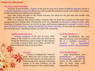 The Hon. Ernest Woolley
The Hon. Ernest Woolley, a nephew of the earl of Loam and a maker of brilliant epigrams. Ernest is
a cheerful, egotistical young man about town with enough shrewdness to avoid work entirely. In London,
he idles away his time making witty remarks.
Soon after being stranded on the island, however, his talent for wit gets him into trouble with
Crichton, now the leader of the party.
With every epigram that Ernest makes, Crichton dips his head into a bucket of cold water, thus
curing Ernest of a useless habit. Proving him to be very adaptable, he becomes a diligent worker. After
returning to England, however, he reverts to type, and between epigrams he manages to write a book
about his island experience, making himself the hero of the adventure. In the book, the contributions of
the rest of the party, including Crichton, are dealt with summarily.
Characters Discussed
Agatha and Catherine
Younger daughters of the earl of Loam. After
being on the island for a time, they also learn to do
things for themselves, and no longer do they depend
on maids to answer their every whim. At first, the
lack of domestic help is trying to them.
Lord Brocklehurst
Lord Brocklehurst, the man
Mary has chosen to be her husband.
He is a complete nonentity, a
mother’s boy, humourless,
pompous, correct, cold, and useless.
Tweeny
Tweeny, in England the “between”
maid. When the earl of Loam decrees
that the three sisters can have only one
maid among them, she goes with them,
mainly to be near Crichton. On the
island, she proves to be a useful helper.
Lady Brocklehurst
Lady Brocklehurst, Lord
Brocklehurst’s formidable,
domineering mother. After the
return of the seafarers, she
tries to learn what really
happened on the island.
 
