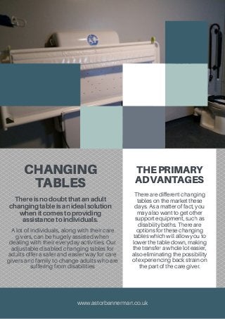 CHANGING
TABLES
THEPRIMARY
ADVANTAGES
Thereisnodoubtthatanadult
changingtableisanidealsolution
whenitcomestoproviding
assistancetoindividuals.
A lot of individuals, along with their care
givers, can be hugely assisted when
dealing with their everyday activities. Our
adjustable disabled changing tables for
adults offer a safer and easier way for care
givers and family to change adults who are
suffering from disabilities
www.astorbannerman.co.uk
Therearedifferentchanging
tablesonthemarketthese
days.Asamatteroffact,you
mayalsowanttogetother
supportequipment,suchas
disabilitybaths.Thereare
optionsforthesechanging
tableswhichwillallowyouto
lowerthetabledown,making
thetransferawholeloteasier,
alsoeliminatingthepossibility
ofexperiencingbackstrainon
thepartofthecaregiver.
 