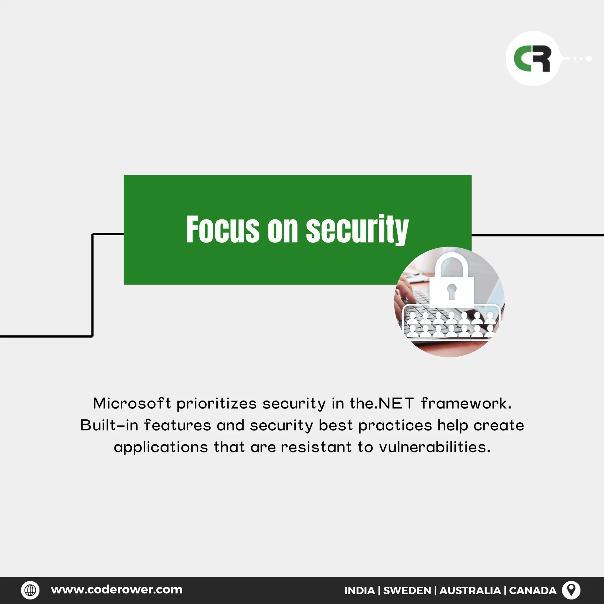 Focus on security
Microsoft prioritizes security in the.NET framework.
Built-in features and security best practices help create
applications that are resistant to vulnerabilities.
www.coderower.com INDIA | SWEDEN | AUSTRALIA | CANADA
 