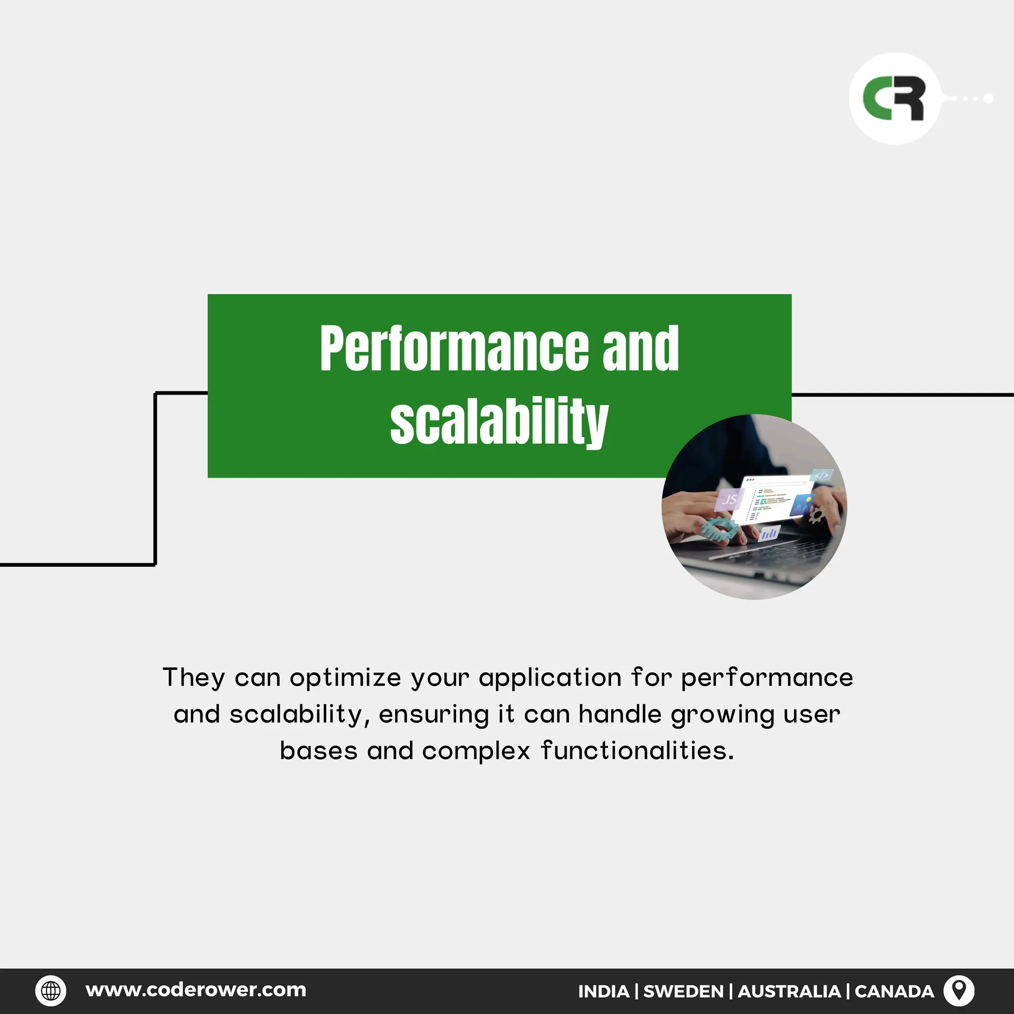 Performance and
scalability
They can optimize your application for performance
and scalability, ensuring it can handle growing user
bases and complex functionalities.
www.coderower.com INDIA | SWEDEN | AUSTRALIA | CANADA
 