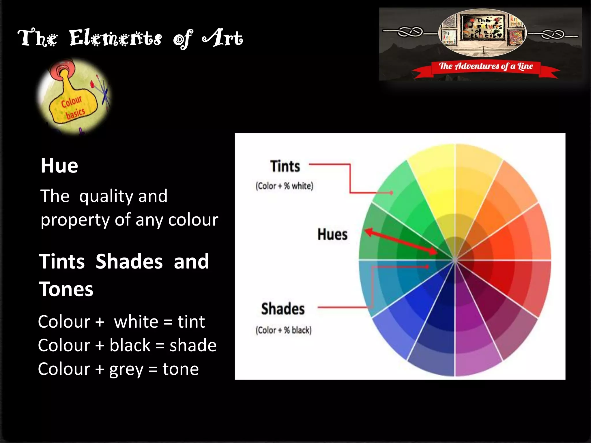 Hue
The quality and
property of any colour
The Elements of Art
Tints Shades and
Tones
Colour + white = tint
Colour + black = shade
Colour + grey = tone
 