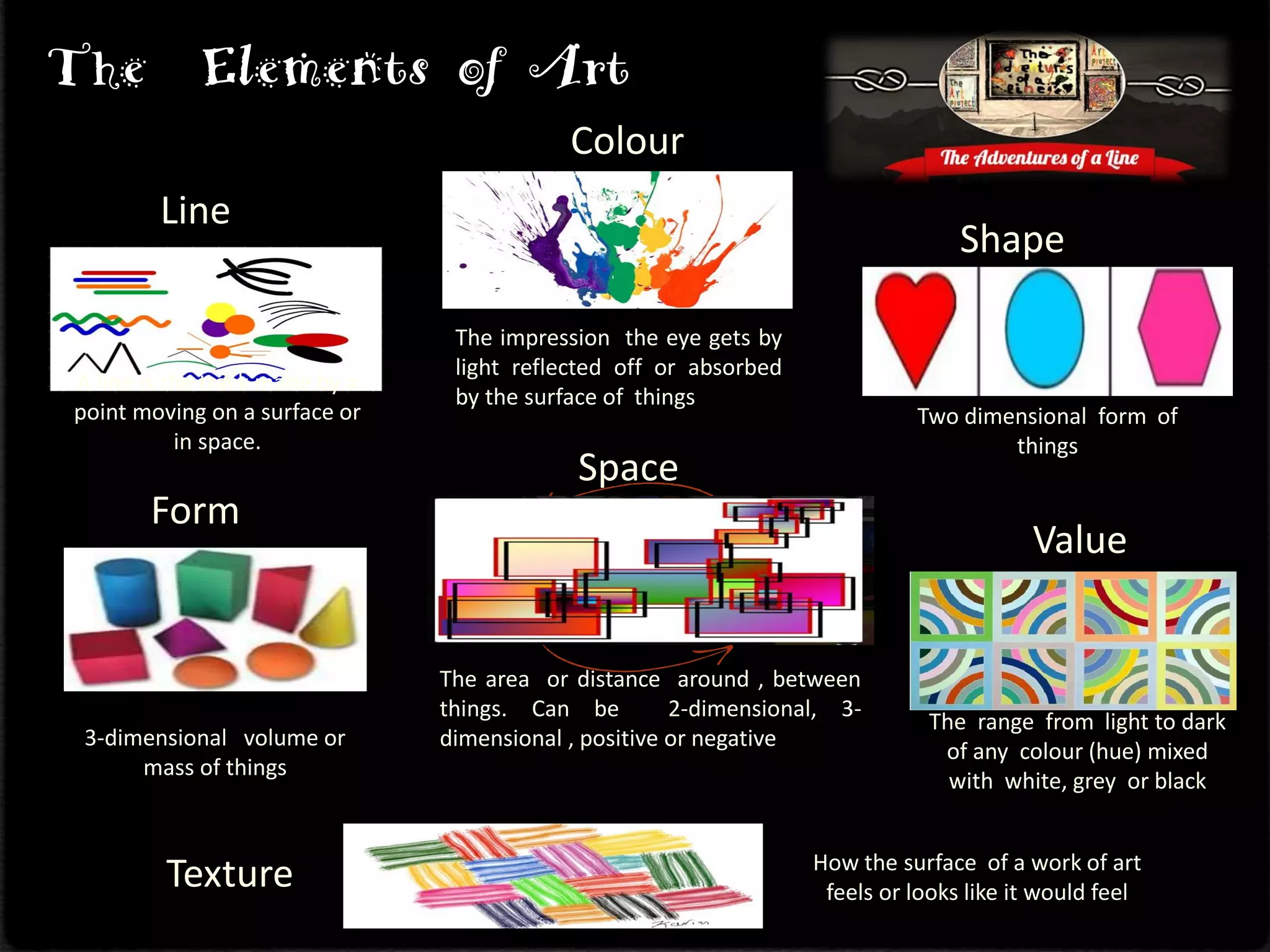 Line
Shape
The Elements of Art
Colour
Value
Texture
Form
Space
A line is the track made by a
point moving on a surface or
in space.
The impression the eye gets by
light reflected off or absorbed
by the surface of things
How the surface of a work of art
feels or looks like it would feel
Two dimensional form of
things
3-dimensional volume or
mass of things
The range from light to dark
of any colour (hue) mixed
with white, grey or black
The area or distance around , between
things. Can be 2-dimensional, 3-
dimensional , positive or negative
 