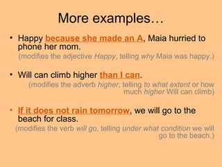 More examples…
• Happy because she made an A, Maia hurried to
phone her mom.
(modifies the adjective Happy, telling why Maia was happy.)
• Will can climb higher than I can.
(modifies the adverb higher, telling to what extent or how
much higher Will can climb)
• If it does not rain tomorrow, we will go to the
beach for class.
(modifies the verb will go, telling under what condition we will
go to the beach.)
 