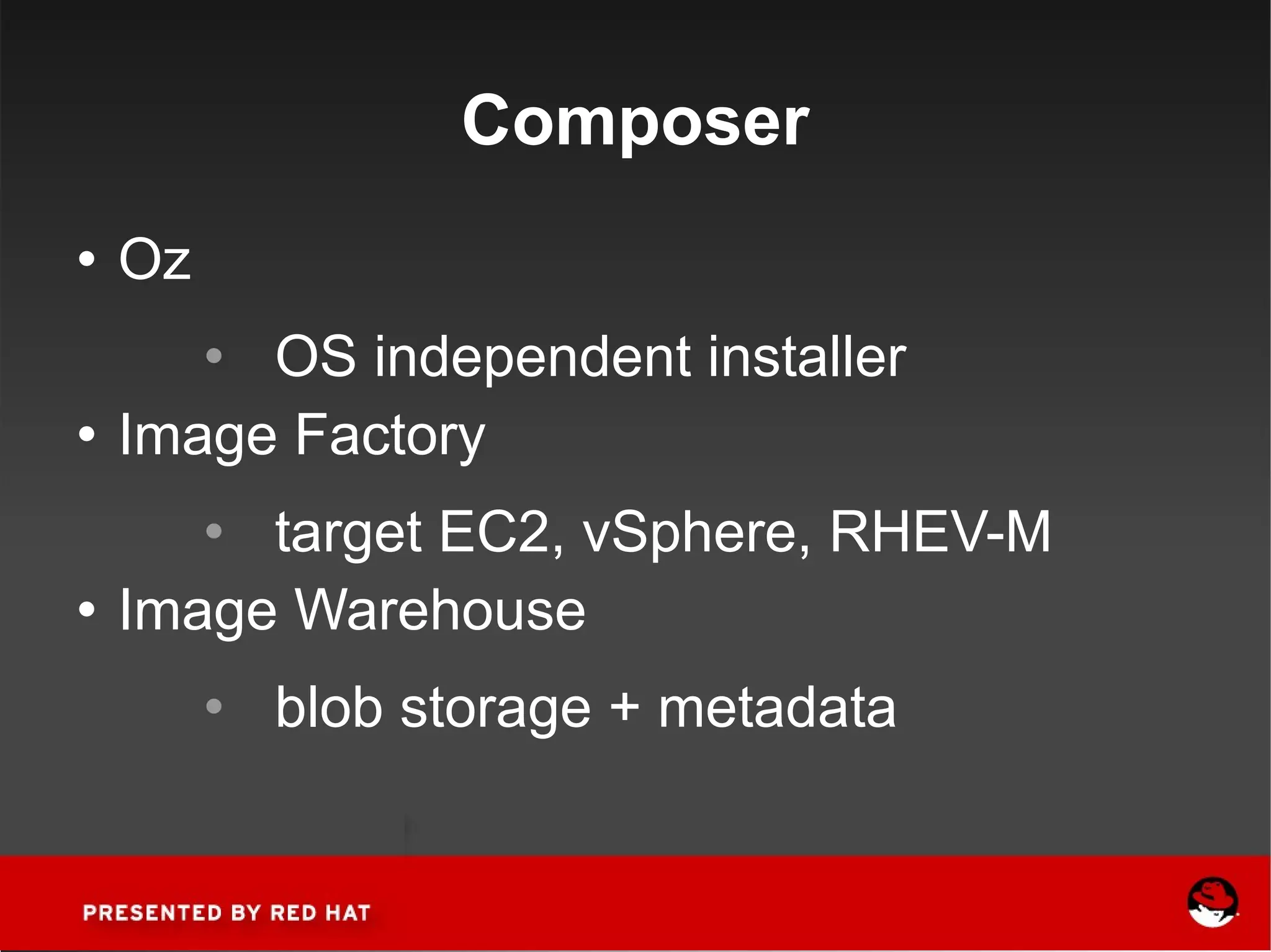Composer Oz OS independent installer Image Factory target EC2, vSphere, RHEV-M Image Warehouse blob storage + metadata 