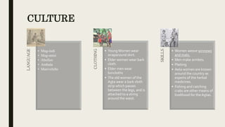 CULTURE
LANGUAGE
• Mag-indi
• Mag-antsi
• Abellen
• Ambala
• Mariveleño
CLOTHING
• Young Women wear
wraparound skirt.
• Elder women wear bark
cloth.
• Elder men wear
loincloths
• The old women of the
Agta wear a bark cloth
strip which passes
between the legs, and is
attached to a string
around the waist.
SKILLS
• Women weave winnows
and mats.
• Men make armlets.
• Plaiting
• Aeta women are known
around the country as
experts of the herbal
medicines.
• Fishing and catching
crabs are other means of
livelihood for the Agtas.
 