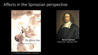 Affects in the Spinozian perspective 
Baruch Spinoza 
24 Nov 1632 - February 1677 
 