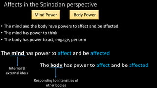 Affects in the Spinozian perspective 
Mind Power Body Power 
• The mind and the body have powers to affect and be affected 
• The mind has power to think 
• The body has power to act, engage, perform 
The mind has power to affect and be affected 
Internal & 
external ideas 
The body has power to affect and be affected 
Responding to intensities of 
other bodies 
 