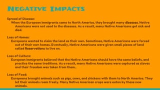 Negative Impacts
Spread of Disease:
When the European immigrants came to North America, they brought many diseases. Native
Americans were not used to the diseases. As a result, many Native Americans got sick and
died.
Loss of Homes:
Europeans wanted to claim the land as their own. Sometimes, Native Americans were forced
out of their own homes. Eventually, Native Americans were given small pieces of land
called Reservations to live on.
Loss of Culture:
European immigrants believed that the Native Americans should have the same beliefs, and
practice the same traditions. As a result, many Native Americans were captured as slaves
and their freedom was taken from them..
Loss of Food:
Europeans brought animals such as pigs, cows, and chickens with them to North America. They
let their animals roam freely. Many Native American crops were eaten by these new
animals.
 