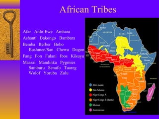 African Tribes
Afar Anlo-Ewe Amhara
Ashanti Bakongo Bambara
Bemba Berber Bobo
Bushmen/San Chewa Dogon
Fang Fon Fulani Ibos Kikuyu
Maasai Mandinka Pygmies
Samburu Senufo Tuareg
Wolof Yoruba Zulu

 