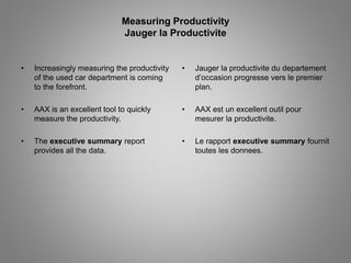 Measuring Productivity 
Jauger la Productivite 
• Increasingly measuring the productivity 
of the used car department is coming 
to the forefront. 
• AAX is an excellent tool to quickly 
measure the productivity. 
• The executive summary report 
provides all the data. 
• Jauger la productivite du departement 
d’occasion progresse vers le premier 
plan. 
• AAX est un excellent outil pour 
mesurer la productivite. 
• Le rapport executive summary fournit 
toutes les donnees. 
 