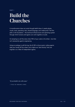 PART I
Buildthe
Churches
A transformation does not scale through belief alone. It needs places,
rituals, tools, operating rules, shared language, and visible proof. The first
pillar is the foundation – the technical infrastructure and operating system
through which humans and agents can work together at scale.
It’s tempting to call this done when 90% of your code is AI-written – but that
isn’t necessarily agentic engineering.
Using an analogy to self-driving, the AI IDE is driver-assist, coding agents
take your hands off the wheel, and a lights-out “dark factory” lets one
engineer run a fleet of independent agents.
“Ifyou build it,hewill come.”
– F I E L D O F D R E A M S ( 1 9 8 9 )
BESSEMER VENTURE PARTNERS 06 / 62
 