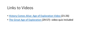 Links to Videos
• History Comes Alive: Age of Exploration Video (21:26)
• The Great Age of Exploration (29:57)- video quiz included
 
