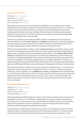 13The 2017 Global Retail Development Index™: The Age of Focus
Russia: The new normal
GRDI rank: 22 (unchanged)
Population: 144 million
GDP per capita, PPP: $26,109
Total retail sales: $434 billion
The Russian economy continues its slow path to stabilization, but timelines remain unclear.
Although GDP contracted by 0.8 percent in 2016, growth is expected to return to 1 or 2 percent
by 2019. The ruble has proven resilient, and inflation is slowly getting back under control.
Unemployment has been declining. Although still low, consumer confidence has improved
slightly over the past year. Consumers have not yet recovered from the decline in disposable
income and still prefer value-oriented retail.
But the luxury market has recovered somewhat, driven by increased tourism and a pickup in
domestic demand. In 2016, Fendi, Valentino, and Bulgari opened stores in Moscow, and Bulgari
announced plans to expand. Chinese tourists, whose numbers increased 60 percent in 2016,
have been supporting luxury sales, thanks to lower prices compared to home.
Fifty-five international fashion retailers, including Victoria’s Secret, entered the market in 2016,
even as the overall apparel sector declined by more than 2 percent. Retailers are also targeting
opportunities in regional markets with populations of 500,000 or more. Adidas, H&M, Inditex,
Pandora, and Ecco led the way, focusing on St. Petersburg, Yekaterinburg, Nizhny Novgorod,
and Samara. Foreign apparel retailers have started exploring local manufacturing opportunities
and vertical integration. The Russian apparel industry, once highly dependent on imports, has
relocated manufacturing facilities from China and Southeast Asia to local production facilities as
labor cost differentials have been reduced because of rising wages in China and Southeast Asia.
With 18 percent growth in 2016 and 10 percent growth anticipated this year, e-commerce has
outperformed conventional retail, but logistics remains a constraint. To cope with logistics
challenges, major e-retailers such as WildBerries, Ulmart, and M.video have invested heavily
in warehousing and distribution networks. Foreign e-retailers still face issues when selling and
delivering to Russia. Operational aspects such as customs, taxes, market knowledge, and
delivery issues remain unclear for many companies, leaving the space vacant for domestic
firms to dominate.
Azerbaijan: Challenges ahead
GRDI rank: 23 (down 13 spots)
Population: 10 million
GDP per capita, PPP: $17,688
Total retail sales: $11 billion
Although Azerbaijan’s GDP has begun to recover, the economic outlook remains uncertain and
dependent on oil prices. Annual inflation accelerated to 12.4 percent, driven mostly by food
prices that rose 14.7 percent year on year, and shrinking disposable incomes cut into domestic
demand. This pessimistic outlook is expected to continue amid tight fiscal and monetary
policies, but shrinking demand could help tame inflation.
The government is seeking ways to liberalize the economy. One big policy change in 2016 was
indirect tax reform. Changes introduced in the VAT redemption process for e-commerce were
aimed at helping small and medium-sized enterprises and increasing competition in retail.
 