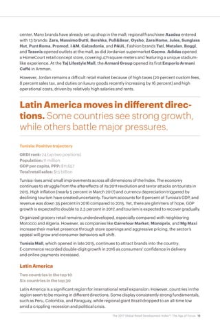 18The 2017 Global Retail Development Index™: The Age of Focus
center. Many brands have already set up shop in the mall; regional franchisee Azadea entered
with 13 brands: Zara, Massimo Dutti, Bershka, Pull&Bear, Oysho, Zara Home, Jules, Sunglass
Hut, Punt Roma, Promod, I AM, Calzedonia, and PAUL. Fashion brands Tati, Matalan, Boggi,
and Tezenis opened outlets at the mall, as did Jordanian supermarket Cozmo. Adidas opened
a HomeCourt retail concept store, covering 471 square meters and featuring a unique stadium-
like experience. At the Taj Lifestyle Mall, the Armani Group opened its first Emporio Armani
Caffè in Amman.
However, Jordan remains a difficult retail market because of high taxes (20 percent custom fees,
8 percent sales tax, and duties on luxury goods recently increasing by 16 percent) and high
operational costs, driven by relatively high salaries and rents.
Latin America moves in different direc-
tions. Some countries see strong growth,
while others battle major pressures.
Tunisia: Positive trajectory
GRDI rank: 24 (up two positions)
Population: 11 million
GDP per capita, PPP: $11,657
Total retail sales: $15 billion
Tunisia rises amid small improvements across all dimensions of the Index. The economy
continues to struggle from the aftereffects of its 2011 revolution and terror attacks on tourists in
2015. High inflation (nearly 5 percent in March 2017) and currency depreciation triggered by
declining tourism have created uncertainty. Tourism accounts for 8 percent of Tunisia’s GDP, and
revenue was down 35 percent in 2016 compared to 2015. Yet, there are glimmers of hope. GDP
growth is expected to double to 2.3 percent in 2017, and tourism is expected to recover gradually.
Organized grocery retail remains underdeveloped, especially compared with neighboring
Morocco and Algeria. However, as companies like Carrefour Market, Monoprix, and Mg Maxi
increase their market presence through store openings and aggressive pricing, the sector’s
appeal will grow and consumer behaviors will shift.
Tunisia Mall, which opened in late 2015, continues to attract brands into the country.
E-commerce recorded double-digit growth in 2016 as consumers’ confidence in delivery
and online payments increased.
Latin America
Two countries in the top 10
Six countries in the top 30
Latin America is a significant region for international retail expansion. However, countries in the
region seem to be moving in different directions. Some display consistently strong fundamentals,
such as Peru, Colombia, and Paraguay, while regional giant Brazil dropped to an all-time low
amid a crippling recession and political crisis.
 