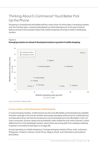 27The 2017 Global Retail Development Index™: The Age of Focus
Thinking About E-Commerce? You’d Better Pick
Up the Phone
Shopping on smartphones and tablets will be a major driver of online sales in emerging markets
over the next few years, outpacing developed countries (see figure 4). In this year’s special
feature we look at the outsized impact that mobile shopping is having on retail in developing
markets.
In many markets, online shopping is mobile shopping
In most emerging markets, mobile phones are the most affordable connected devices available.
And with coverage of 3G and 4G wireless technology spreading while prices for mobile devices
and data plans drop, the Internet has become more accessible and more affordable. In fact, for
many consumers, phones’ speed and accessibility make mobile the only online channel—a stark
difference from most developed markets, where there was a long path from catalog to desktop
to laptop to smartphone (see figure 5 on page 28).
Annual spending on mobile shopping in 10 large emerging markets (China, India, Indonesia,
Philippines, Thailand, Vietnam, South Africa, Nigeria, Brazil, and Colombia) is estimated at
$275 billion.
Sources: Euromonitor; A.T. Kearney analysis
Figure 4
Emerging markets are ahead of developed markets in growth of mobile shopping
Emerging markets
Developed markets
0 50 100 150 200
United Kingdom
Nigeria
United States
Canada
Germany
France
Indonesia
China
India Vietnam
10
20
30
40
50
60
70
80
Mobile shopping sales growth
(%, 2012–2016)
Mobileshareofonlinesales
(%,2016)
 