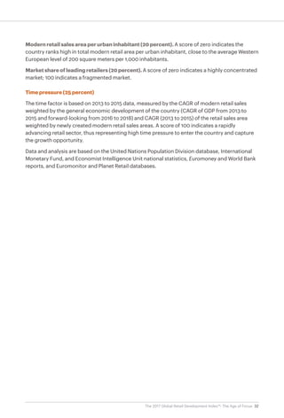 32The 2017 Global Retail Development Index™: The Age of Focus
Modern retail sales area per urban inhabitant (20 percent). A score of zero indicates the
country ranks high in total modern retail area per urban inhabitant, close to the average Western
European level of 200 square meters per 1,000 inhabitants.
Market share of leading retailers (20 percent). A score of zero indicates a highly concentrated
market; 100 indicates a fragmented market.
Time pressure (25 percent)
The time factor is based on 2013 to 2015 data, measured by the CAGR of modern retail sales
weighted by the general economic development of the country (CAGR of GDP from 2013 to
2015 and forward-looking from 2016 to 2018) and CAGR (2013 to 2015) of the retail sales area
weighted by newly created modern retail sales areas. A score of 100 indicates a rapidly
advancing retail sector, thus representing high time pressure to enter the country and capture
the growth opportunity.
Data and analysis are based on the United Nations Population Division database, International
Monetary Fund, and Economist Intelligence Unit national statistics, Euromoney and World Bank
reports, and Euromonitor and Planet Retail databases.
 