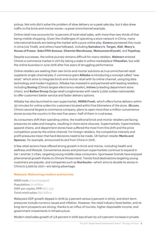 6The 2017 Global Retail Development Index™: The Age of Focus
pickup. Not only did it solve the problem of slow delivery on a peak sale day, but it also drew
traffic to the brick-and-mortar stores—a great omnichannel example.
Online retail now accounts for 14 percent of total retail sales, with more than two-thirds of that
being mobile shopping. Given the challenges of operating a store network in China, many
international brands are testing the market with a pure online play. Costco pioneered this route
in 2014 (via Tmall), and others have followed, including Sainsbury’s, Target, Aldi, Macy’s,
House of Fraser, Saks Fifth Avenue, Chemist Warehouse, Matsumoto Kiyoshi, and Topshop.
Despite successes, the online journey remains difficult for many retailers. Walmart entered
China’s e-commerce market in 2011 by taking a stake in online marketplace Yihaodian, but sold
the online business in June 2016 after five years of struggling performance.
Online retailers are seeking their own brick-and-mortar solutions as true omnichannel retail
supplants single-channel play. E-commerce giant Alibaba is introducing a concept called “new
retail,” which aims to integrate brick-and-mortar retail with its online channel, using big data
technology and modern logistics. Alibaba has invested in and partnered with leading retailers,
including Suning (China’s largest electronics retailer), Intime (a leading department store
chain), and Bailian Group (large retail conglomerate with nearly 5,000 outlets nationwide)
to offer customers better service and faster delivery options.
Alibaba has also launched its own supermarket, HEMA Fresh, which offers home delivery within
30 minutes for online orders for customers located within five kilometers of the store. JD.com,
China’s second-largest e-commerce company, plans to open more than a million convenience
stores across the country in the next five years—half of them in rural areas.
As consumers shift their spending online, the traditional brick-and-mortar retailers are facing
pressures on sales and margins, resulting in more store closures. Supermarkets, hypermarkets,
apparel chains, and department stores have suffered the most from this shift and the price
competition pose by the online channel. For foreign retailers, the competitive intensity and
profit pressures mean that hard decisions need to be made. UK fashion retailer Marksand
Spencer, for example, announced its exit from China in 2016.
A few retail sectors have offered strong growth in brick-and mortar, including health and
wellness and lifestyle. Convenience stores and premium supermarkets continue to expand in
tier 1 and tier 2 cities, targeting young middle-class consumers. Sportswear brands have enjoyed
phenomenal growth thanks to China’s fitness trend. Trendy food destinations targeting young
customers are popular, and companies such as Starbucks—which aims to double its stores in
China to 5,000 by 2021—are taking advantage.
Malaysia: Welcoming retailers and tourists
GRDI rank: 3 (unchanged)
Population: 31 million
GDP per capita, PPP: $27,234
Total retail sales: $92 billion
Malaysia’s GDP growth dipped in 2016 (4.3 percent versus 5 percent in 2015), and short-term
pressures include currency issues and inflation. However, the retail industry fared better, and its
long-term prospects are strong, thanks to an influx of tourists, higher disposable income, and
government investments in infrastructure.
Modern retail sales growth of 3.8 percent in 2016 was driven by a 6.1 percent increase in private
 