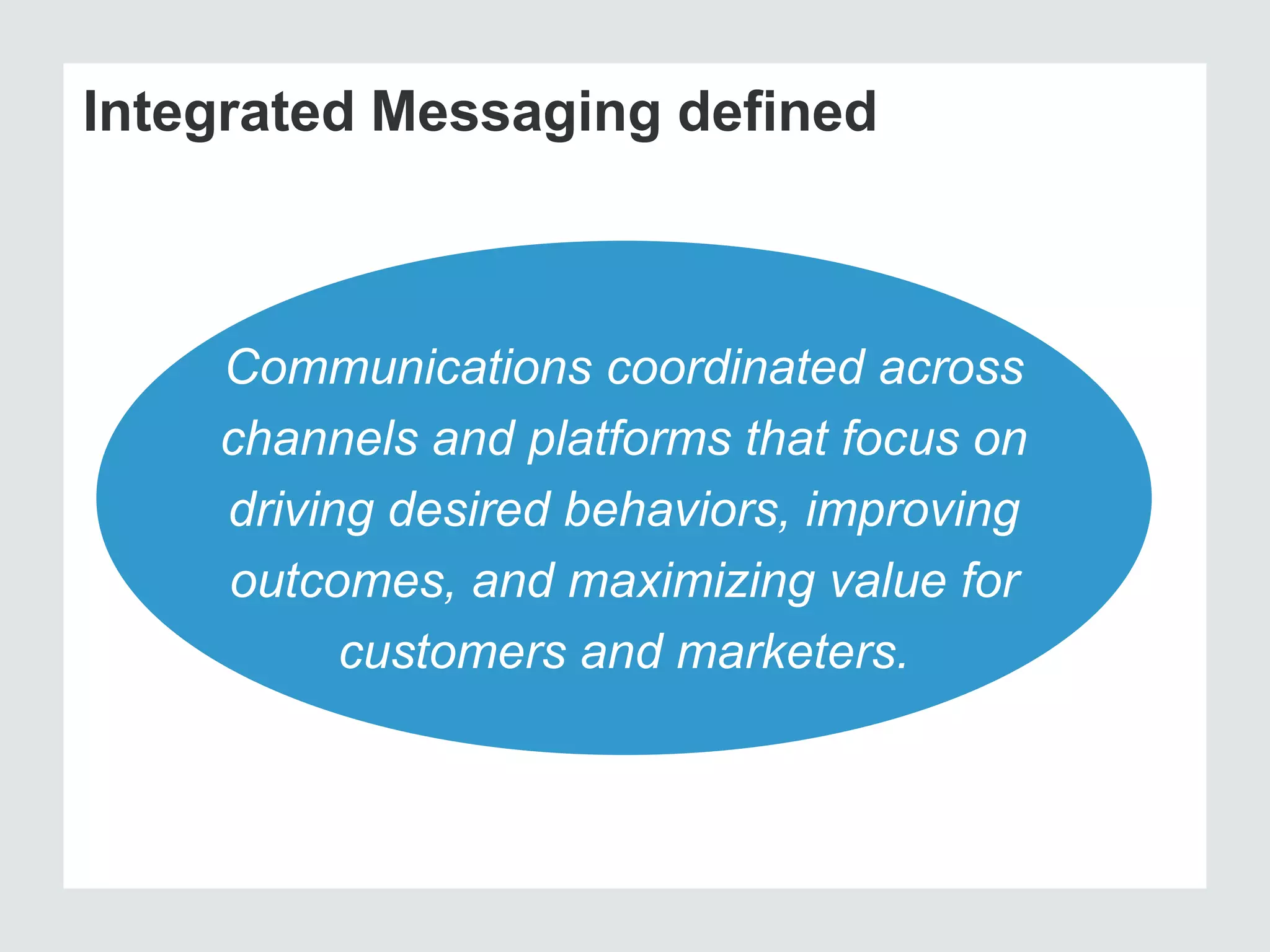 Integrated Messaging defined

Communications coordinated across
channels and platforms that focus on
driving desired behaviors, improving
outcomes, and maximizing value for
customers and marketers.

 