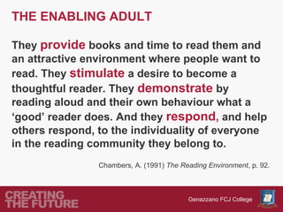 THE ENABLING ADULT

They provide books and time to read them and
an attractive environment where people want to
read. They stimulate a desire to become a
thoughtful reader. They demonstrate by
reading aloud and their own behaviour what a
‘good’ reader does. And they respond, and help
others respond, to the individuality of everyone
in the reading community they belong to.
                Chambers, A. (1991) The Reading Environment, p. 92.



                                          Genazzano FCJ College
 