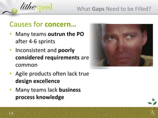 Causes for concern…
• Many teams outrun the PO
after 4-6 sprints
• Inconsistent and poorly
considered requirements are
common
• Agile products often lack true
design excellence
• Many teams lack business
process knowledge
What Gaps Need to be Filled?
14
 