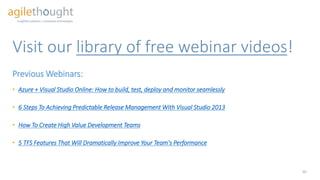 With 20 years of professional software development experience, Ryan has been deeply involved in
building a wide range of applications. He has extensive experience building web-based transactional
systems, as well as cloud data management applications. Recently, Ryan has led AgileThought into
many new areas of technical capability, such as mobile and cloud development.
About Ryan
Thank You
@ryan_dorrell
Looking for ALM Solutions for Your Business? Email me at ryan.dorrell@agilethought.com20
linkedin.com/in/ryandorrell
 