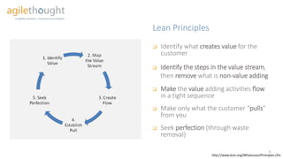 Lean Principles
 Identify what creates value for the
customer
 Identify the steps in the value stream,
then remove what is non-value adding
 Make the value adding activities flow
in a tight sequence
 Make only what the customer “pulls”
from you
 Seek perfection (through waste
removal)
http://www.lean.org/WhatsLean/Principles.cfm
6
 