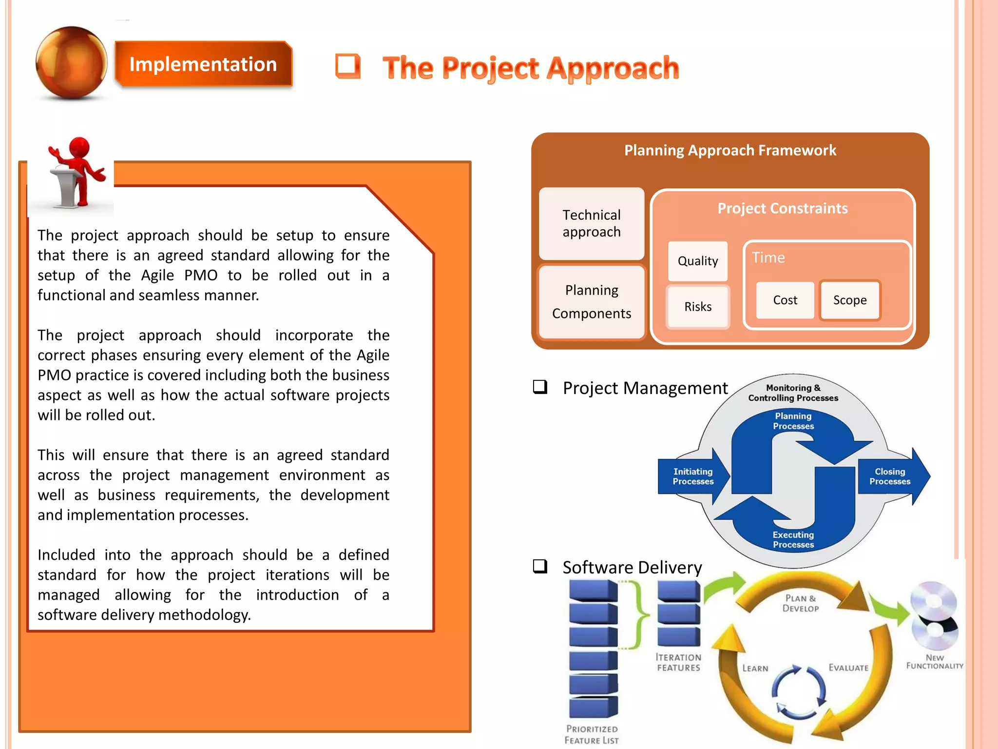The project approach should be setup to ensure
that there is an agreed standard allowing for the
setup of the Agile PMO to be rolled out in a
functional and seamless manner.
The project approach should incorporate the
correct phases ensuring every element of the Agile
PMO practice is covered including both the business
aspect as well as how the actual software projects
will be rolled out.
This will ensure that there is an agreed standard
across the project management environment as
well as business requirements, the development
and implementation processes.
Included into the approach should be a defined
standard for how the project iterations will be
managed allowing for the introduction of a
software delivery methodology.
Implementation
Planning Approach Framework
Technical
approach
Planning
Components
Project Constraints
Quality
Risks
Time
Cost Scope
 Project Management
 Software Delivery
 
