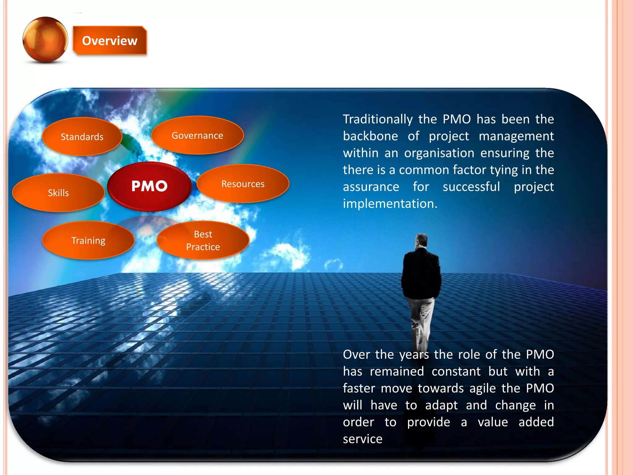 Overview
Traditionally the PMO has been the
backbone of project management
within an organisation ensuring the
there is a common factor tying in the
assurance for successful project
implementation.
Standards
Skills
Governance
Training
Resources
Best
Practice
PMO
Over the years the role of the PMO
has remained constant but with a
faster move towards agile the PMO
will have to adapt and change in
order to provide a value added
service
 