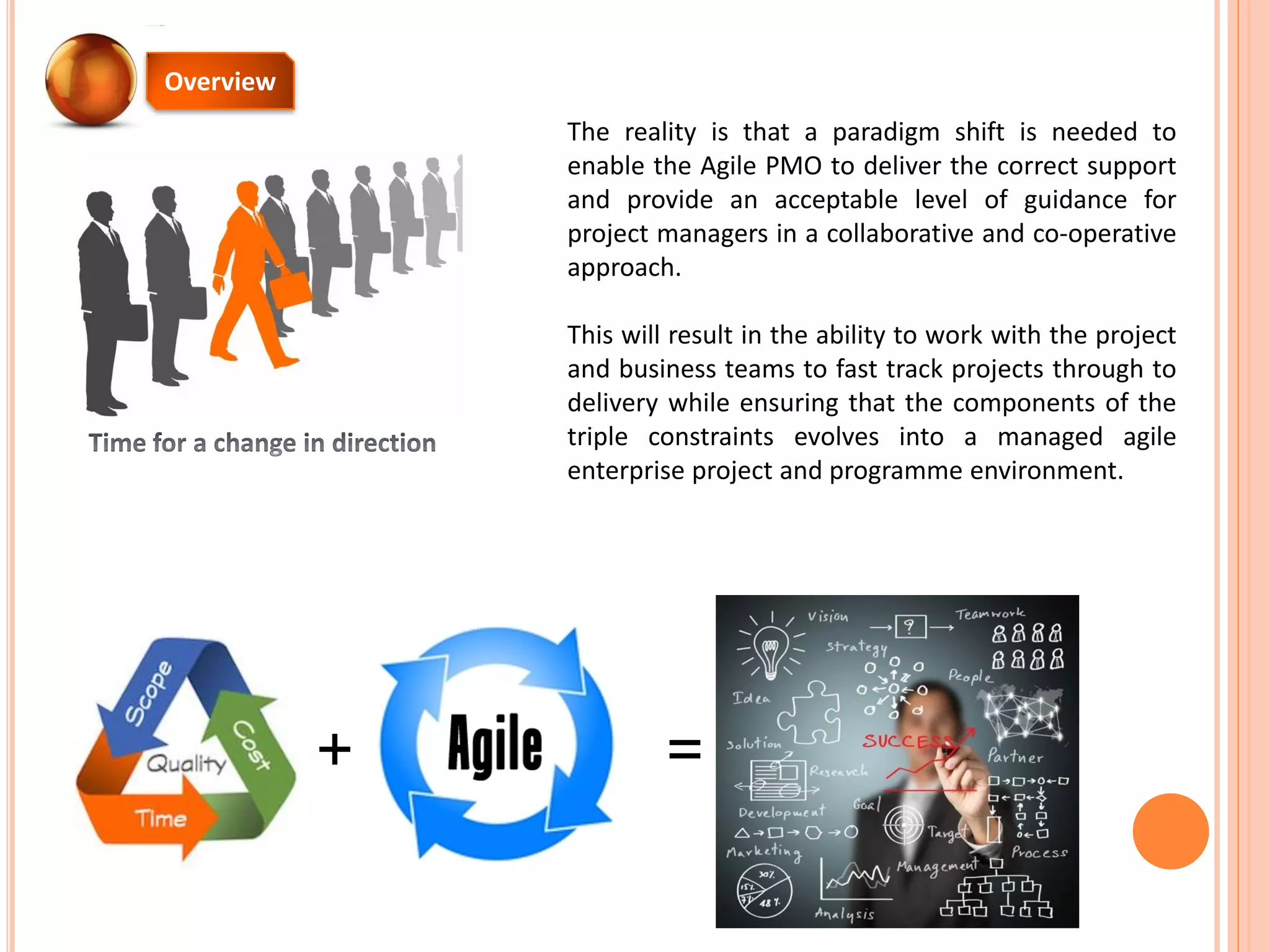 Overview
The reality is that a paradigm shift is needed to
enable the Agile PMO to deliver the correct support
and provide an acceptable level of guidance for
project managers in a collaborative and co-operative
approach.
This will result in the ability to work with the project
and business teams to fast track projects through to
delivery while ensuring that the components of the
triple constraints evolves into a managed agile
enterprise project and programme environment.
+ =
 