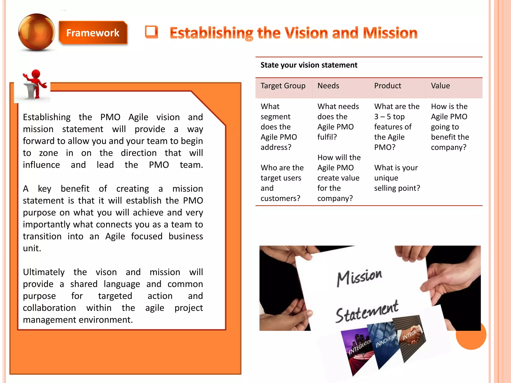 Framework
Establishing the PMO Agile vision and
mission statement will provide a way
forward to allow you and your team to begin
to zone in on the direction that will
influence and lead the PMO team.
A key benefit of creating a mission
statement is that it will establish the PMO
purpose on what you will achieve and very
importantly what connects you as a team to
transition into an Agile focused business
unit.
Ultimately the vison and mission will
provide a shared language and common
purpose for targeted action and
collaboration within the agile project
management environment.
State your vision statement
Target Group Needs Product Value
What
segment
does the
Agile PMO
address?
Who are the
target users
and
customers?
What needs
does the
Agile PMO
fulfil?
How will the
Agile PMO
create value
for the
company?
What are the
3 – 5 top
features of
the Agile
PMO?
What is your
unique
selling point?
How is the
Agile PMO
going to
benefit the
company?
 
