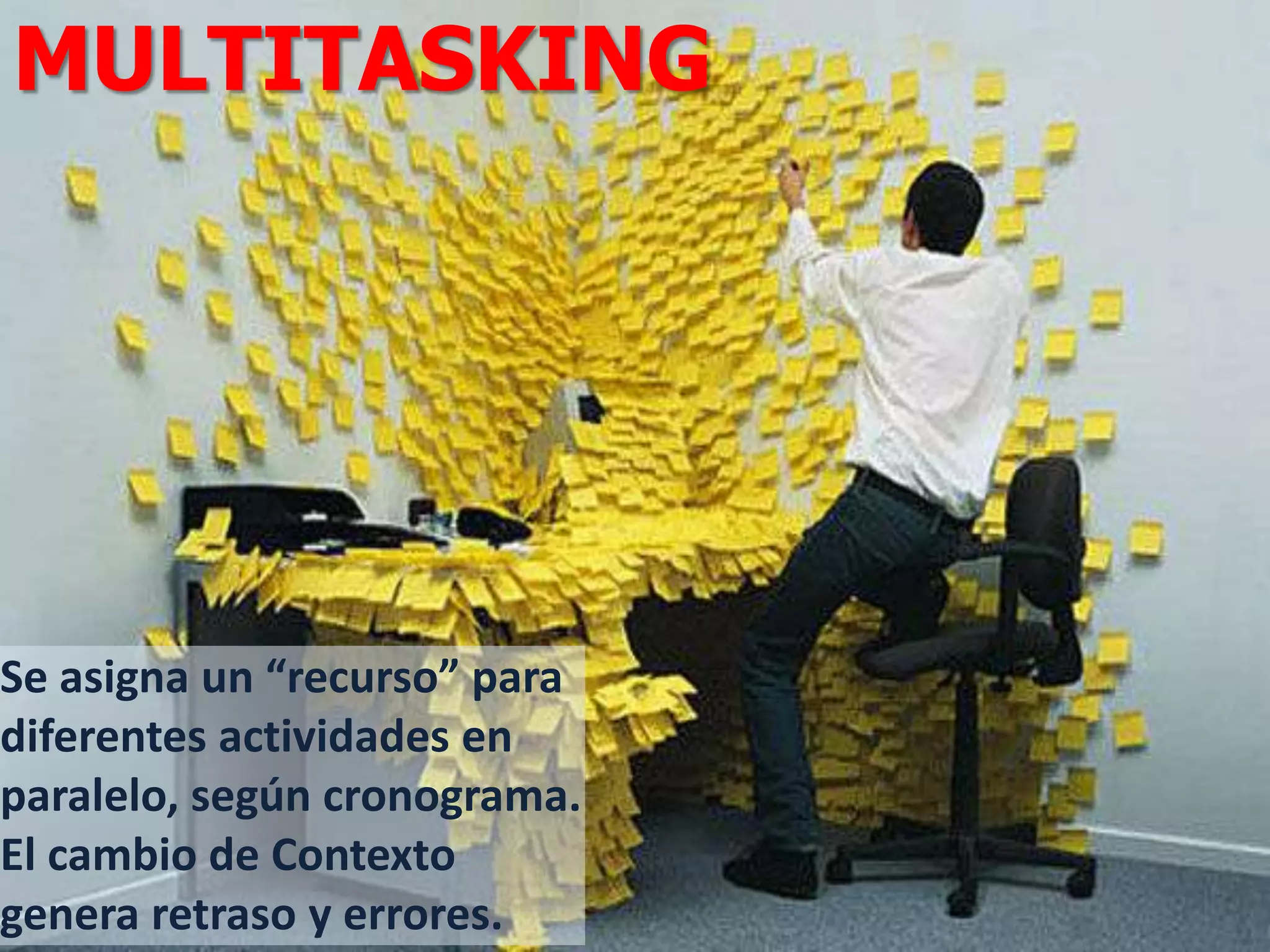 MULTITASKING




Se asigna un “recurso” para
diferentes actividades en
paralelo, según cronograma.
El cambio de Contexto
genera retraso y errores.
 