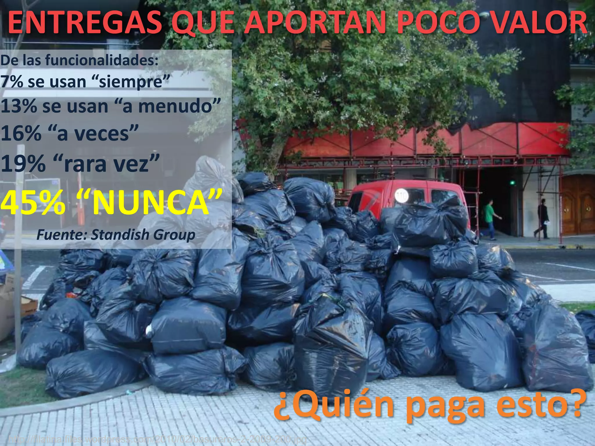 ENTREGAS QUE APORTAN POCO VALOR
De las funcionalidades:
7% se usan “siempre”
13% se usan “a menudo”
16% “a veces”
19% “rara vez”
45% “NUNCA”
       Fuente: Standish Group




                                                             ¿Quién paga esto?
 http://filatina.files.wordpress.com/2010/02/basureros-2-2009-200.jpg
 