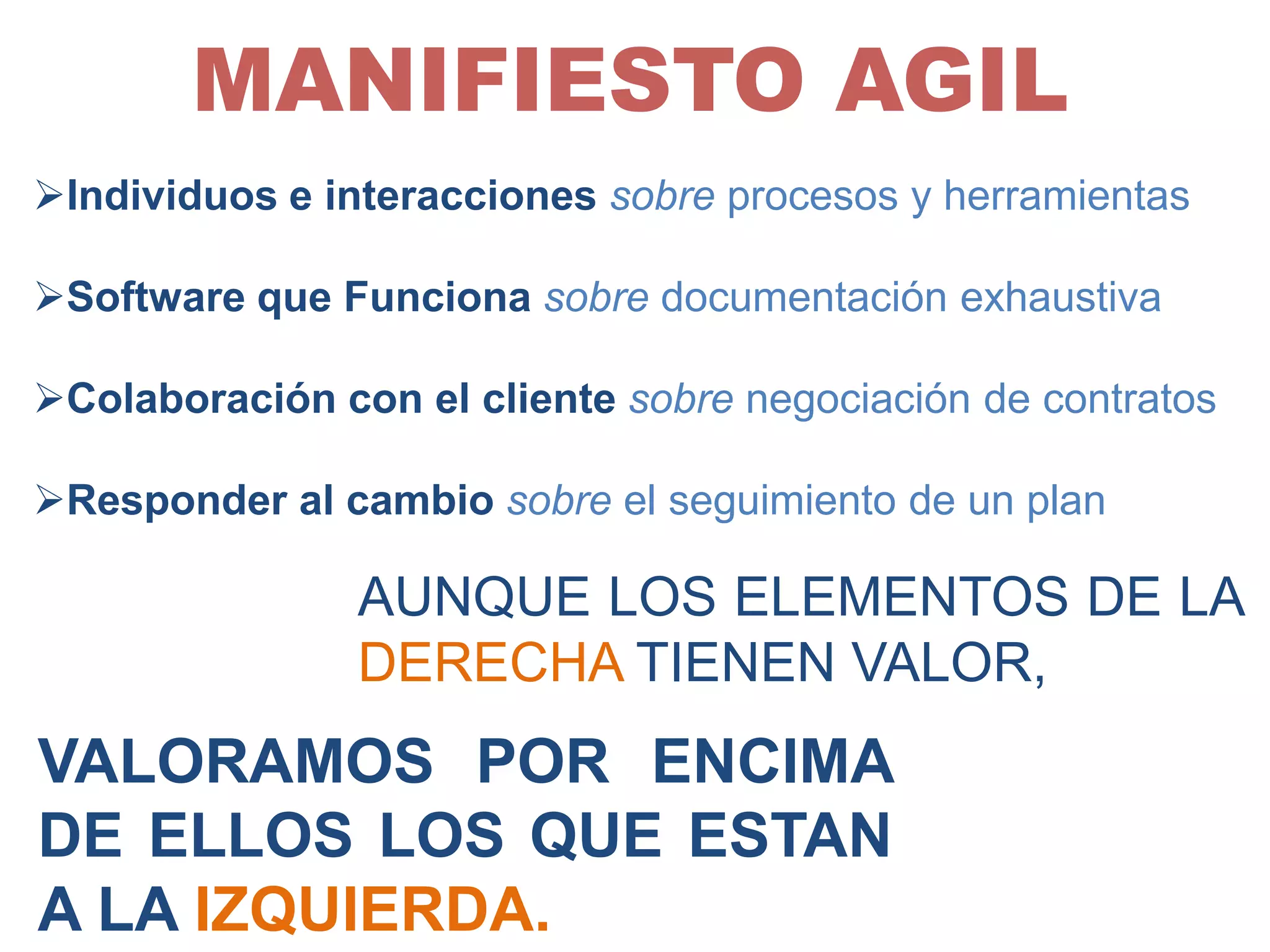MANIFIESTO AGIL
Individuos e interacciones sobre procesos y herramientas

Software que Funciona sobre documentación exhaustiva

Colaboración con el cliente sobre negociación de contratos

Responder al cambio sobre el seguimiento de un plan

                AUNQUE LOS ELEMENTOS DE LA
                DERECHA TIENEN VALOR,
VALORAMOS POR ENCIMA
DE ELLOS LOS QUE ESTAN
A LA IZQUIERDA.
 