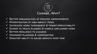 Change…Why?
✓ Better organization of process improvements
✓ Prioritization of high impact items
✓ Increased work throughput & (some) predictability
✓ Easier to track planned & handle unplanned work
✓ Better resilience to changes
✓ Minimized planning & coordination
✓ Greater ability to gauge growth over time
 