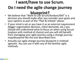 I want/have to use Scrum.
Do I need the agile change journey
blueprint?• We believe that “Want to use Scrum/Kanban/XXX” is...