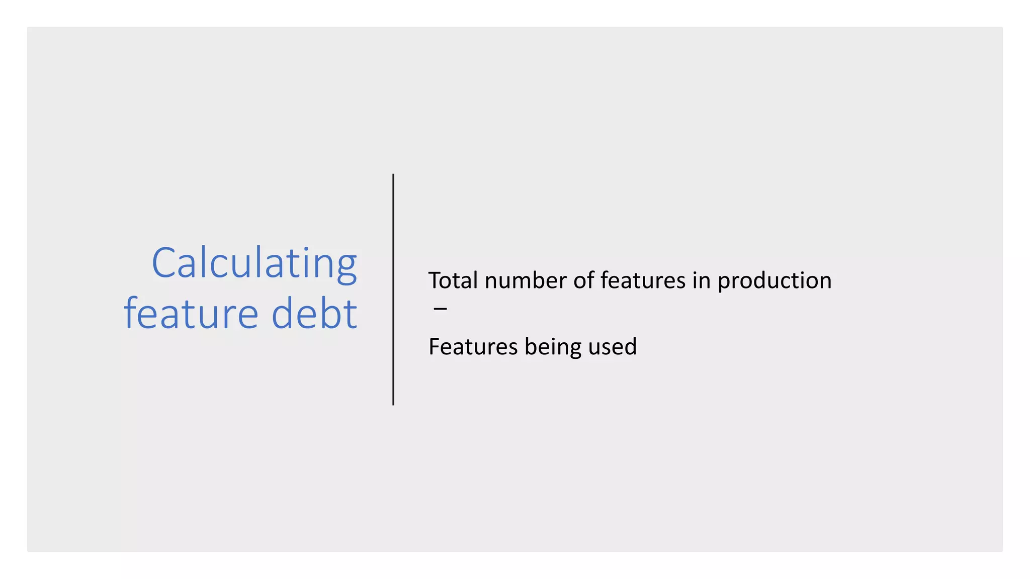 Calculating
feature debt
Total number of features in production
–
Features being used
 