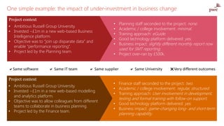 • Planning staff seconded to the project: none.
• Academic / college involvement: minimal.
• Training approach: eGuide.
• Good technology platform delivered: yes.
• Business impact: slightly different monthly report now
used for SMT reporting.
• Project over-ran by £500k.
One simple example: the impact of under-investment in business change
• Ambitious Russell Group University.
• Invested ~£1m in a new web-based Business
Intelligence platform.
• Objective was to “join up disparate data” and
enable “performance reporting”.
• Project led by the Planning team.
Project context
• Finance staff seconded to the project: two.
• Academic / college involvement: regular, structured.
• Training approach: User involvement in development,
testing and formal training with follow-on support.
• Good technology platform delivered: yes.
• Business impact: game-changing long- and short-term
planning capability.
Same software  Same University Same IT team  Same supplier Very different outcomes
• Ambitious Russell Group University.
• Invested ~£1m in a new web-based modelling
and analytics platform.
• Objective was to allow colleagues from different
teams to collaborate in business planning.
• Project led by the Finance team.
Project context
 